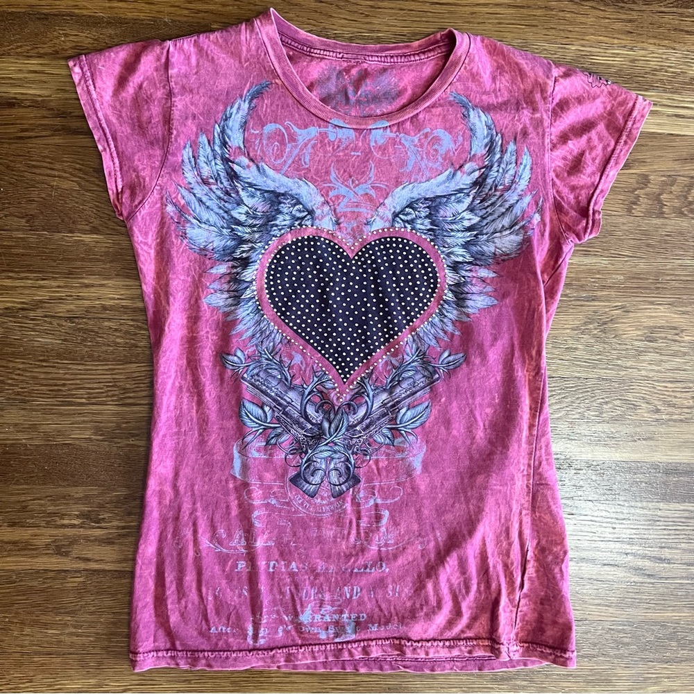 vtg y2k Xzavier thin tee long M bling hearts wings guns tattoo style